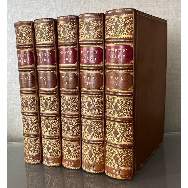 Antique 19th Century Fine Leather Book Bindings - Diary of Samuel Pepys - 5 Volumes For Sale - Image 11 of 13