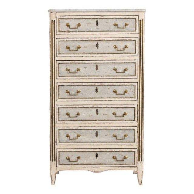 18th C. French Painted Tall Chest of Drawers With Original Marble Top For Sale