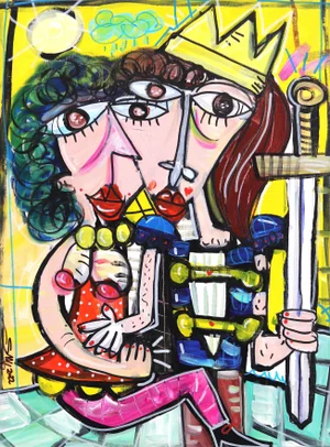 l'Interesse - Yellow Abstract Figurative Expressionism King in Love Original Artwork by Alessandro Siviglia