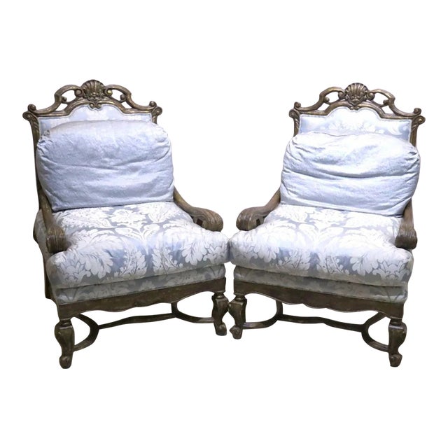 1960s French Louis XV Style Blue Fabric Armchairs- a Pair For Sale