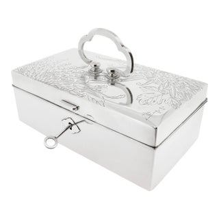 Signed Japanese 950 Sterling Silver Handled Jewelry Box With Chrysanthemums For Sale