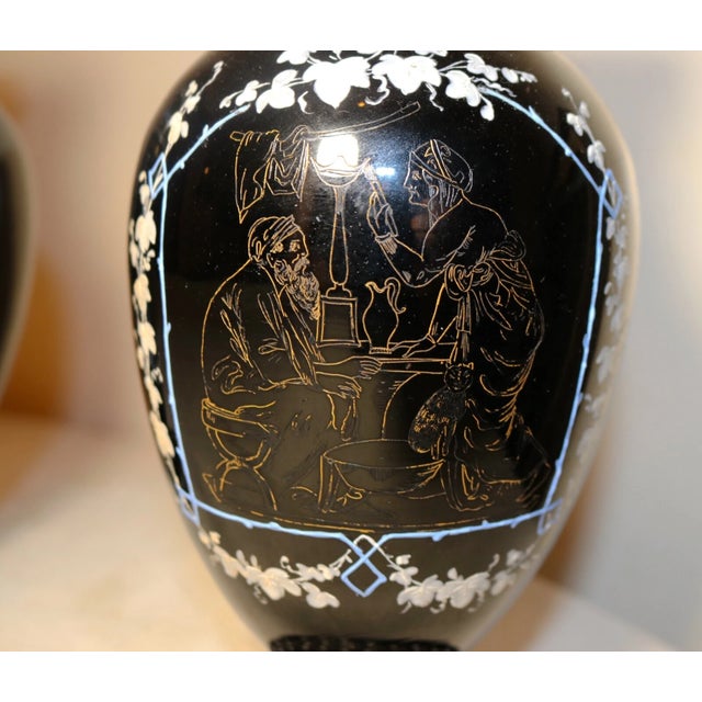 Pair of 2 Antique Handmade Bohemian Enameled Black Amethyst Glass Etched Vases For Sale In New York - Image 6 of 12