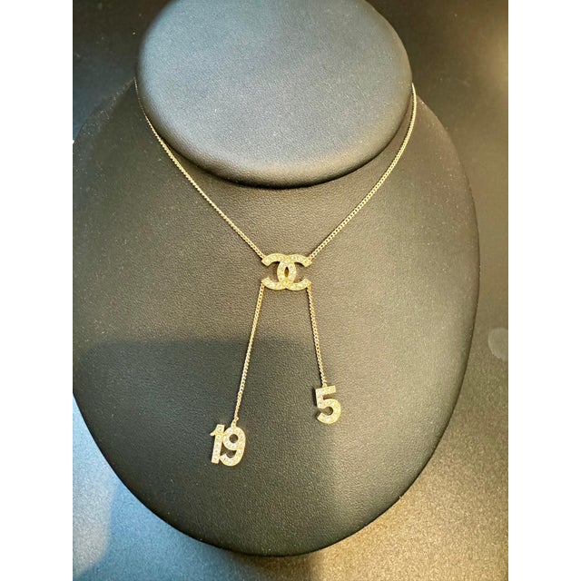 Authentic CHANEL Rhinestone CC LOGO 5 & 19 Pendant Necklace Vintage, Estate For Sale - Image 10 of 18