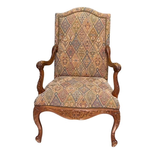 1990s French Provincial Library Armchair W/ Tapestry Upholstery For Sale
