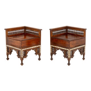 Pair of Syrian Bone Inlay Walnut Corner Chairs For Sale