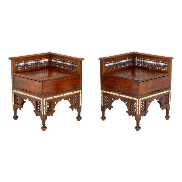 Pair of Syrian Bone Inlay Walnut Corner Chairs For Sale