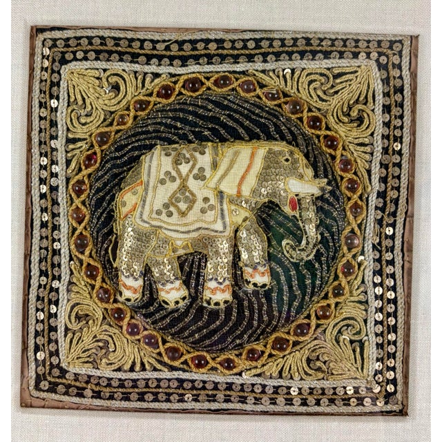 Brass Late 20th Century Framed Burmese Kalaga Tapestry With Beaded Embroidery | Elephant Panel Wall Art For Sale - Image 8 of 11