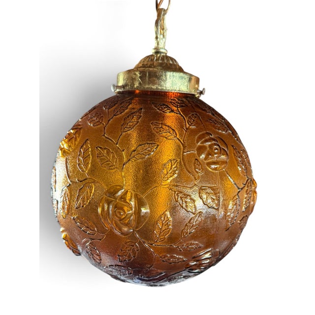 1960s Vintage 1970s Amber Floral Glass Swag Hanging Lamp For Sale - Image 5 of 6