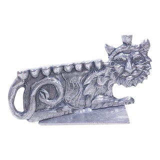 60s Massive XL Vintage Don Drumm Mid Century Modern Brutalist Lion Cat Aluminum Hanukkah Menorah Candle Holder Sculpture For Sale