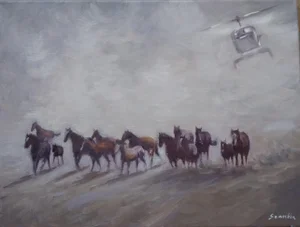 Sean Wu Original Impressionist Style Oil Painting of Wild Horses