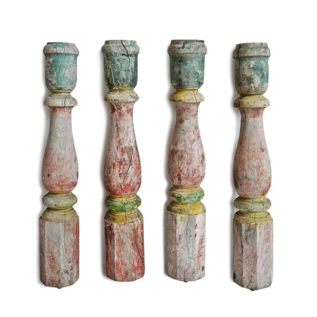 Original old vintage India teak wood banister leg. Original aged painted patina. Great used as vintage table legs. Each is...