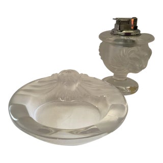 1970s Vintage Lalique France Tete De Lion Crystal Tray and Lighter Set- 2 Pieces For Sale