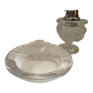 1970s Vintage Lalique France Tete De Lion Crystal Tray and Lighter Set- 2 Pieces