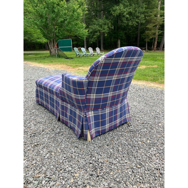 Tailored skirt, french style chaise with a plaid performance type fabric. Blue plaid with red and yellow stripes. Painted...