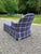Tailored skirt, french style chaise with a plaid performance type fabric. Blue plaid with red and yellow stripes. Painted...