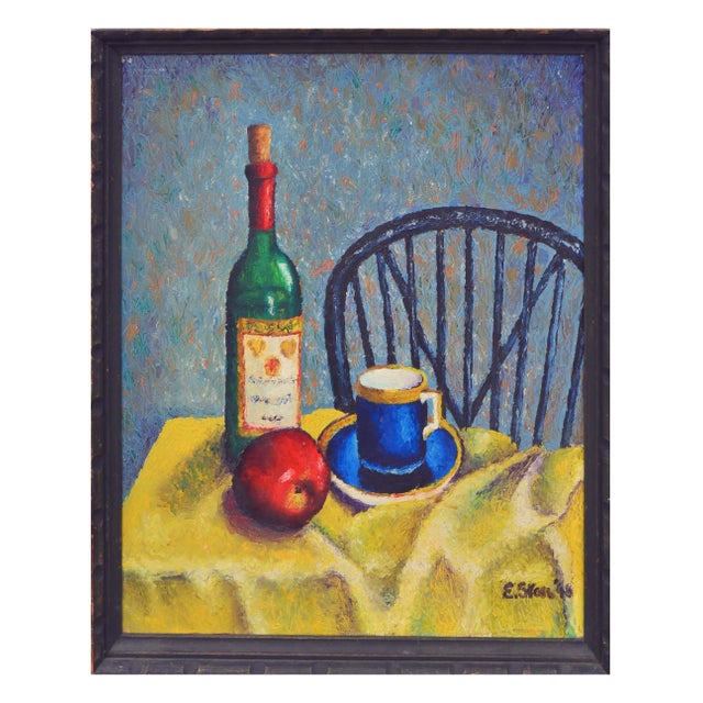 1990s Apple & Wine Bottle Vibrant Contemporary Still-Life by E. Star For Sale - Image 9 of 9