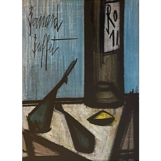 Bernard Buffet (France 1928 - 1999) Mid Century Modern colored lithograph still life of a wine bottle and fish 1967....