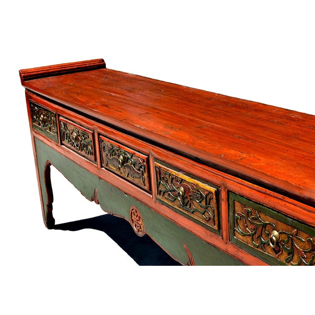Monumental 8 Ft Extra Long 19th Century Chinese Console Altar Table Carved 5 Drawers Red Orange Green For Sale - Image 11 of 16