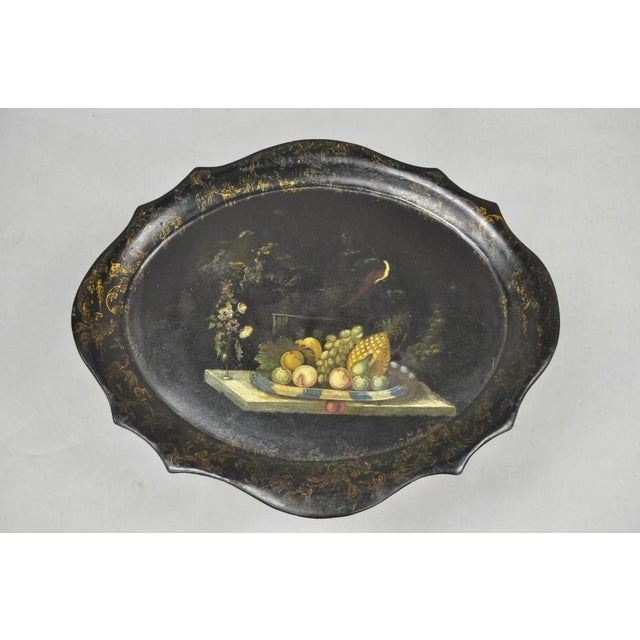 Antique French Papier Mache Tole Hand Painted Fruit Still Life and Bird Tray For Sale - Image 12 of 12