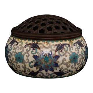 Late 20th Century Cloisonné Enamel Floral Censer With Pierced Bronze Lid For Sale