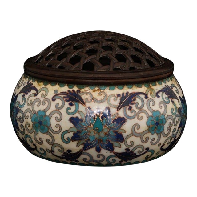 Late 20th Century Cloisonné Enamel Floral Censer With Pierced Bronze Lid For Sale