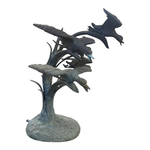 Vintage Verdigris Bronze "Birds in Flight" Garden Fountain For Sale