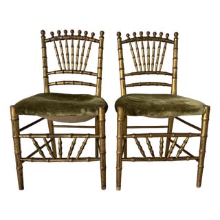 Antique Italian Faux Bamboo Gilt Wood Accent Chairs With Green Velvet Upholstery – A Pair Description: For Sale