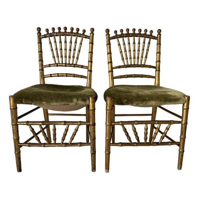 Antique Italian Faux Bamboo Gilt Wood Accent Chairs With Green Velvet Upholstery – A Pair Description: For Sale