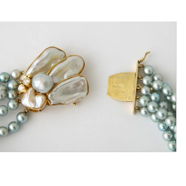 Metal Kai-Yin Lo 5 Strand Cultured Pearl Necklace 14 Kt Gold and Diamond Clasp For Sale - Image 7 of 10