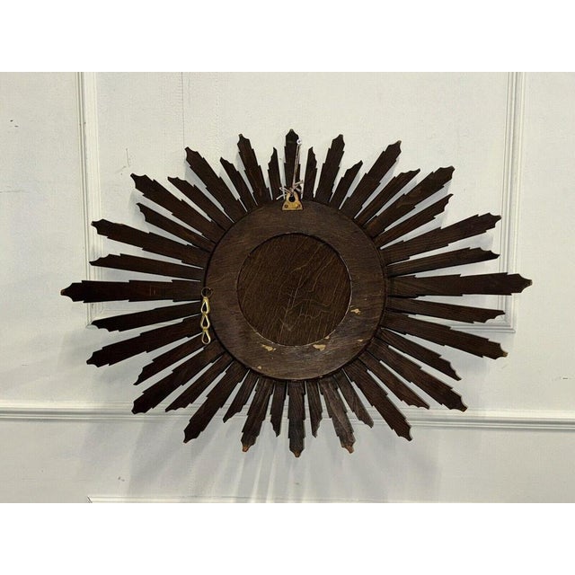 Vintage Spanish Wooden Sunburst Brown Convex Wall Mirror, 1940 For Sale - Image 10 of 11