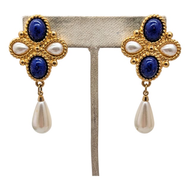 Vintage 1991 Napier Book Piece Faux-Lapis & Faux-Pearl Pierced Earrings- 2 Pieces For Sale