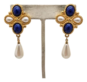 Vintage 1991 Napier Book Piece Faux-Lapis & Faux-Pearl Pierced Earrings- 2 Pieces
