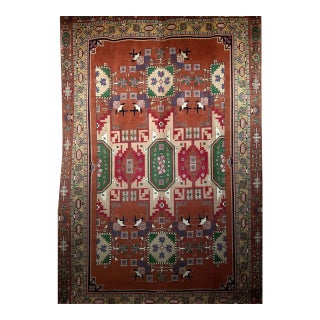 Vintage Persian Tehran Area Rug, Hand-Knotted Wool & Silk, Allover Geometric Pattern, Red & Green, 7x10 For Sale