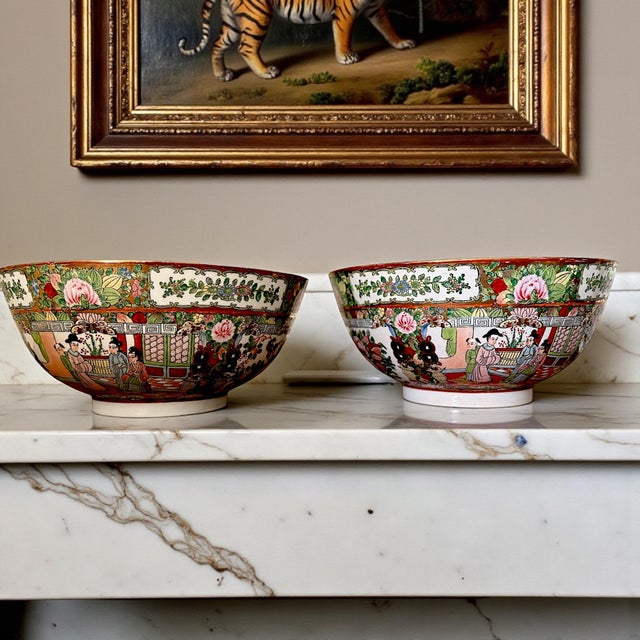 Antique Chinese Rose Medallion Punch/Serving Bowls – A Pair, 12” Diameter (C. 1880–1920) For Sale - Image 4 of 11