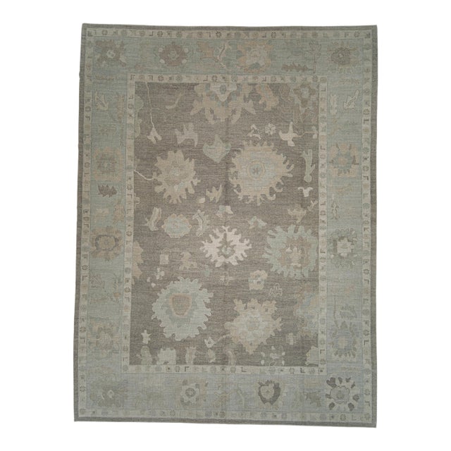 Turkish Oushak Rug Taupe and Sage Green Handwoven Wool Rug 10'8" X 14'2" For Sale