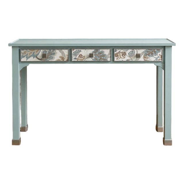 One-of-a-Kind Hand Painted Console Table | Entryway Table | Blue Console | Fabric Drawer Fronts | Cottage Luxe | French Country For Sale