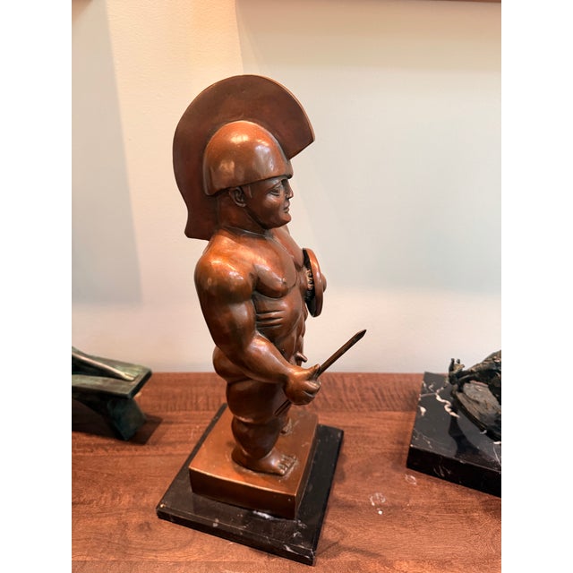 Late 20th Century After Fernando Botero Bronze-Patina Classical Warrior Sculpture on Marble Base For Sale In Atlanta - Image 6 of 6