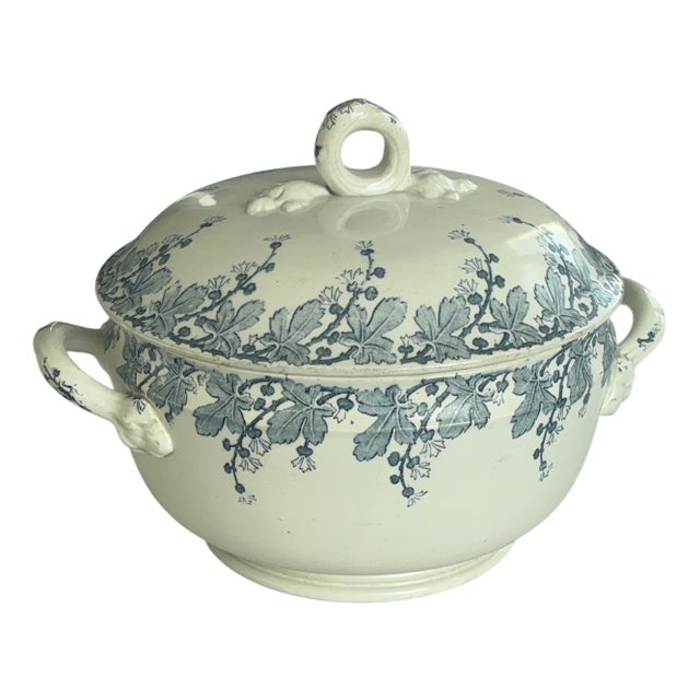Antique French Neva Tureen in Earthenware with Blue Vegetal Decor from Lunéville, 1920s For Sale