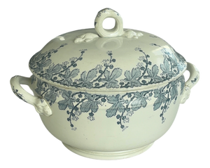 Antique French Neva Tureen in Earthenware with Blue Vegetal Decor from Lunéville, 1920s