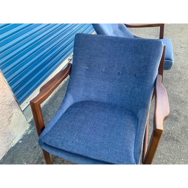 Wood Mid Century Lounge Chair Blue Chenille With Solid Walnut Frame For Sale - Image 7 of 8