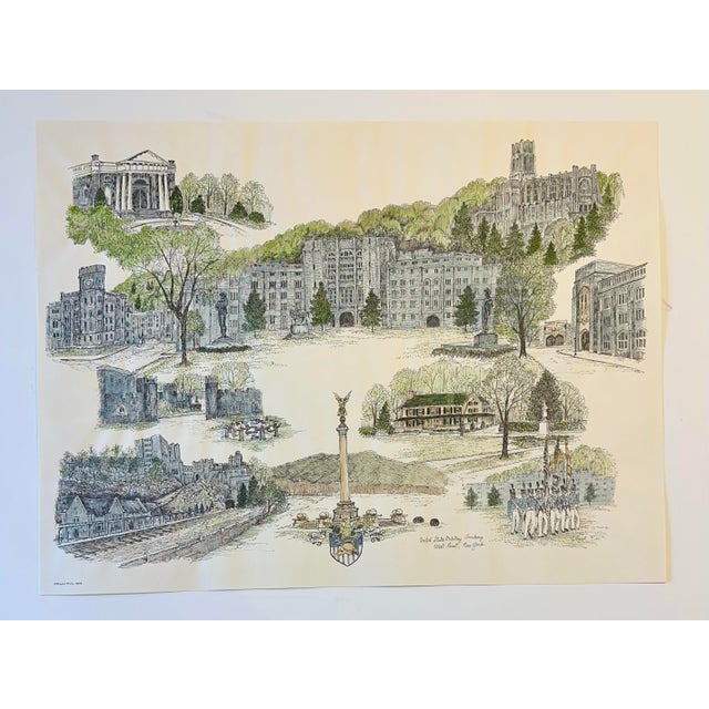 A charming late 20th-century hand-colored architectural print by artist Liz Bryant, depicting a collection of notable...