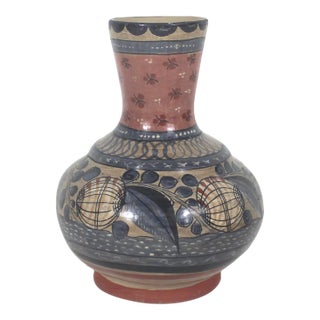 Vintage Signed Tonala Mexican Burnished Clay Vase, Jímón O. Juarez Signed by Artist, Hand Painted Pottery For Sale