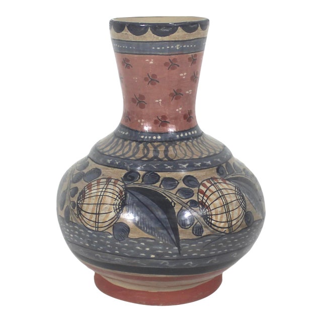 Vintage Signed Tonala Mexican Burnished Clay Vase, Jímón O. Juarez Signed by Artist, Hand Painted Pottery For Sale