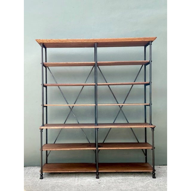 Vintage French Plank Wood and Metal Industrial Bookshelf For Sale - Image 4 of 12