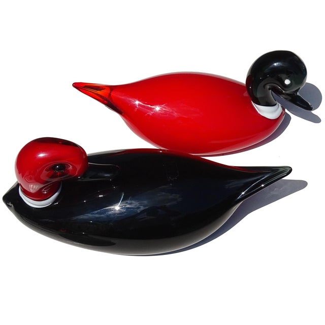 Murano Murano Vintage Red Black White Italian Art Glass Male Female Decoy Duck Bird Sculptures - A Pair For Sale - Image 4 of 9
