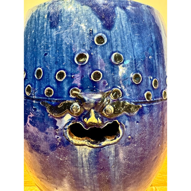 Sky Blue Antique Chinese Export Cobalt Blue Glazed Garden Stool, Mask Handles For Sale - Image 8 of 12