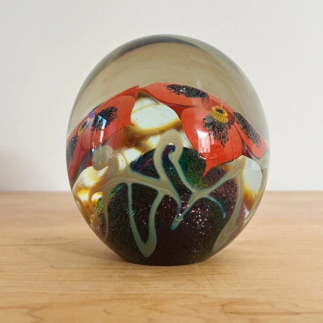 Art Nouveau Vintage Mouth Blown Glass Paper Weight With Red Flowers by Robert Eickholt For Sale - Image 3 of 9