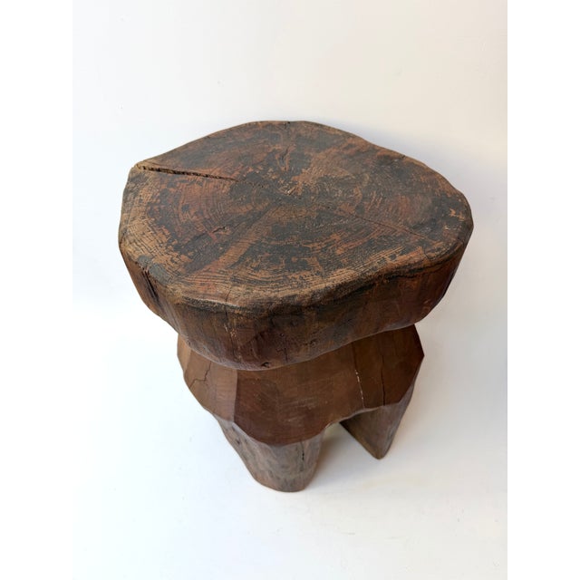 Wood Mid-Century Modern Pair of Brutalist Massive Wood Mushroom Stools. Italy, 1960s For Sale - Image 7 of 13