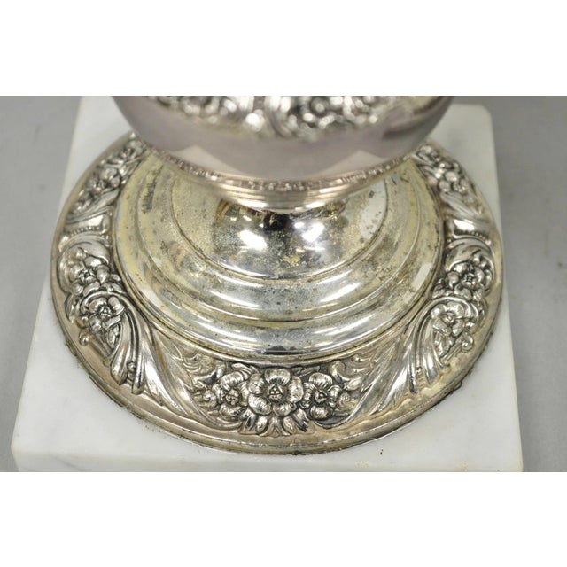 Mid 20th Century International Victorian Silver Plate Floral Repousse Candlestick Table Lamp Pair For Sale - Image 9 of 18