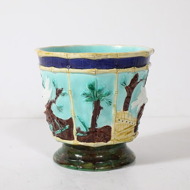 Victorian Pair of Signed Majolica Ceramic Cachepots W/ Birds, Nests & Bamboo Border Detail For Sale - Image 3 of 18